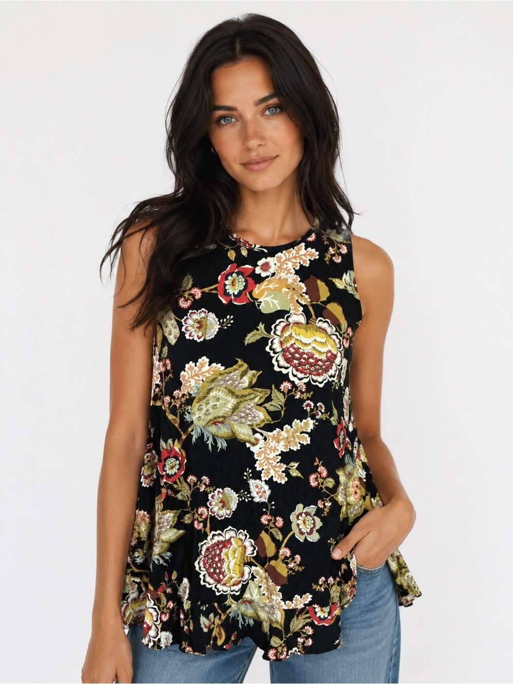 Karen Kane Floral Swing Tank Top Small Black Boho Viscose Sleeveless Flowy